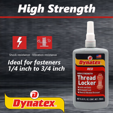 Dynatex Red High Strength Threadlocker 8.45 oz Bottle - Permanent Lock, Anaerobic, Large Fasteners, Vibration & Solvent Resistant (Single)