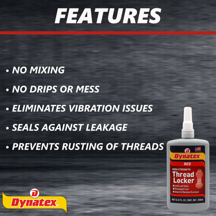 Dynatex Red High Strength Threadlocker 8.45 oz Bottle - Permanent Lock, Anaerobic, Large Fasteners, Vibration & Solvent Resistant (4-Pack)