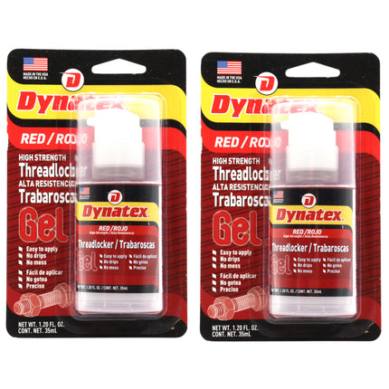 Dynatex Red High Strength Gel Threadlocker 1.20 oz Bottle - Permanent Lock, Anaerobic, Large Fasteners, Vibration & Solvent Resistant (2-Pack)