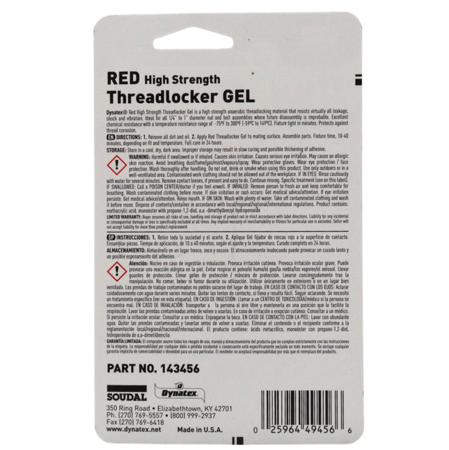 Dynatex Red High Strength Gel Threadlocker 1.20 oz Bottle - Permanent Lock, Anaerobic, Large Fasteners, Vibration & Solvent Resistant (2-Pack)