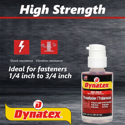 Dynatex Red High Strength Gel Threadlocker 1.20 oz Bottle - Permanent Lock, Anaerobic, Large Fasteners, Vibration & Solvent Resistant (2-Pack)