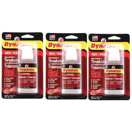 Dynatex Red High Strength Gel Threadlocker 1.20 oz Bottle - Permanent Lock, Anaerobic, Large Fasteners, Vibration & Solvent Resistant (3-Pack)