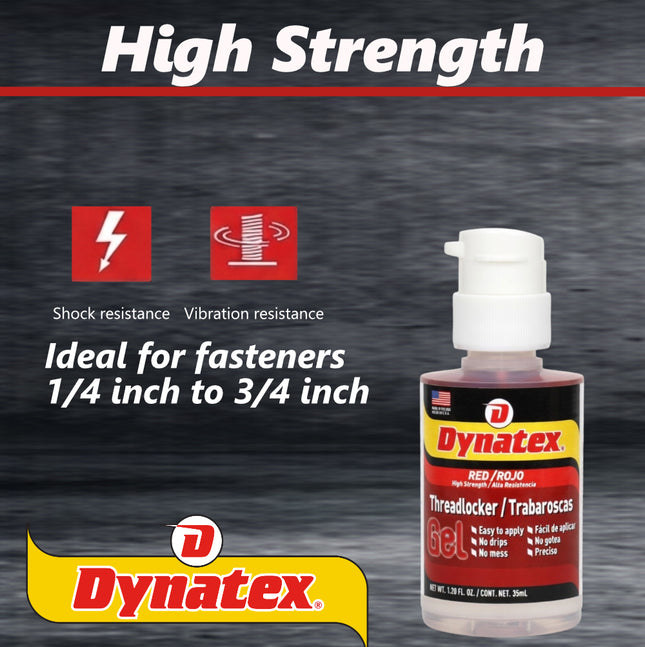 Dynatex Red High Strength Gel Threadlocker 1.20 oz Bottle - Permanent Lock, Anaerobic, Large Fasteners, Vibration & Solvent Resistant (3-Pack)
