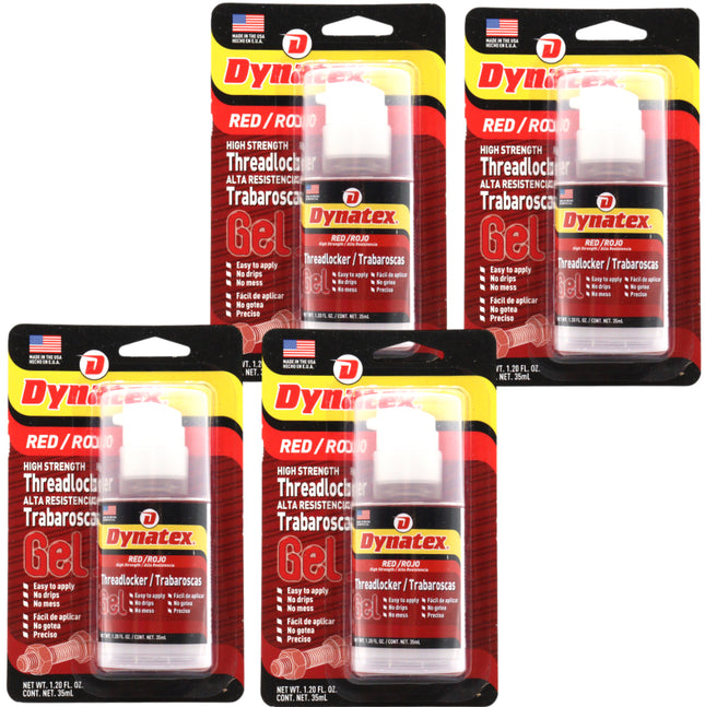 Dynatex Red High Strength Gel Threadlocker 1.20 oz Bottle - Permanent Lock, Anaerobic, Large Fasteners, Vibration & Solvent Resistant (4-Pack)