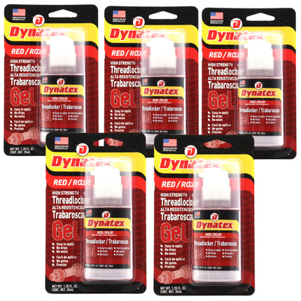 Dynatex Red High Strength Gel Threadlocker 1.20 oz Bottle - Permanent Lock, Anaerobic, Large Fasteners, Vibration & Solvent Resistant (5-Pack)