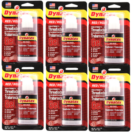Dynatex Red High Strength Gel Threadlocker 1.20 oz Bottle - Permanent Lock, Anaerobic, Large Fasteners, Vibration & Solvent Resistant (6-Pack)