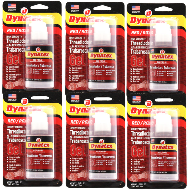 Dynatex Red High Strength Gel Threadlocker 1.20 oz Bottle - Permanent Lock, Anaerobic, Large Fasteners, Vibration & Solvent Resistant (6-Pack)