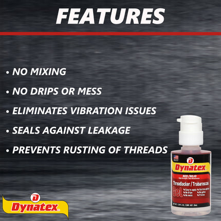 Dynatex Red High Strength Gel Threadlocker 1.20 oz Bottle - Permanent Lock, Anaerobic, Large Fasteners, Vibration & Solvent Resistant (6-Pack)