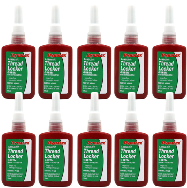 Dynatex Green High Strength Threadlocker 1.70 oz Bottle - Wicking Anaerobic, Medium-High Strength, Heat Corrosion Vibration Resistant (10-Pack)