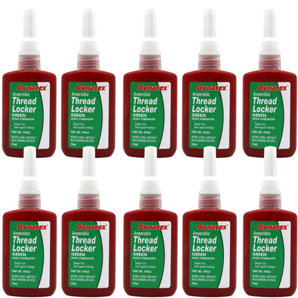Dynatex Green High Strength Threadlocker 1.70 oz Bottle - Wicking Anaerobic, Medium-High Strength, Heat Corrosion Vibration Resistant (10-Pack)