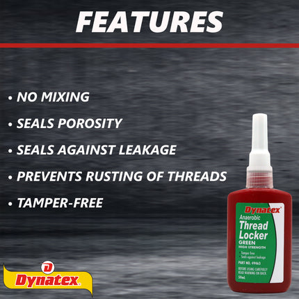 Dynatex Green High Strength Threadlocker 1.70 oz Bottle - Wicking Anaerobic, Medium-High Strength, Heat Corrosion Vibration Resistant (10-Pack)