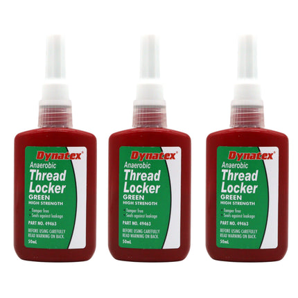 Dynatex Green High Strength Threadlocker 1.70 oz Bottle - Wicking Anaerobic, Medium-High Strength, Heat Corrosion Vibration Resistant (3-Pack)