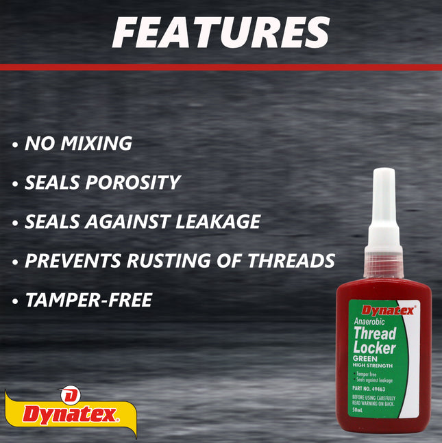 Dynatex Green High Strength Threadlocker 1.70 oz Bottle - Wicking Anaerobic, Medium-High Strength, Heat Corrosion Vibration Resistant (6-Pack)