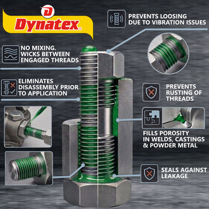 Dynatex Green High Strength Threadlocker 1.70 oz Bottle - Wicking Anaerobic, Medium-High Strength, Heat Corrosion Vibration Resistant (6-Pack)