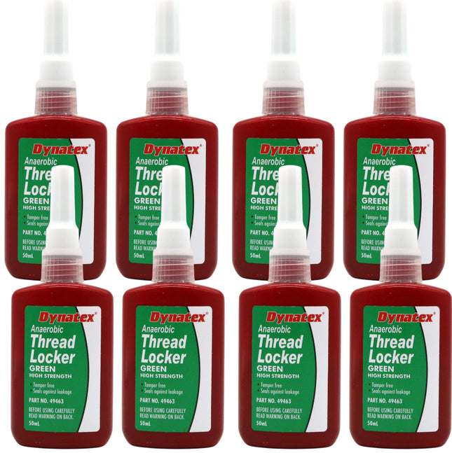 Dynatex Green High Strength Threadlocker 1.70 oz Bottle - Wicking Anaerobic, Medium-High Strength, Heat Corrosion Vibration Resistant (8-Pack)