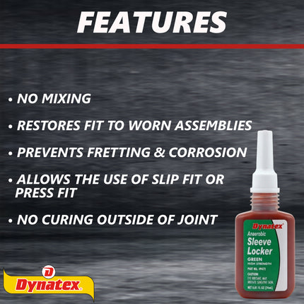 Dynatex Green High Strength Sleevelocker 0.80 oz Bottle - Anaerobic, Wicking, High Strength Retaining, Locks Cylindrical Parts (6-Pack)