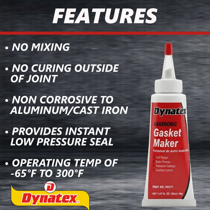 Dynatex Red Anaerobic Gasket Maker 1.69 oz Tube - Medium Strength, Instant Low-Pressure Seal, For Rigid Metal Flanges & Joints (5-Pack)