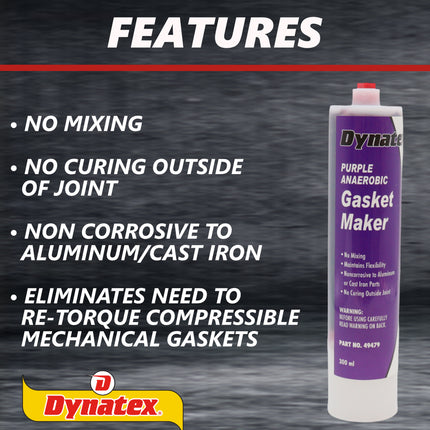 Dynatex Purple Anaerobic Gasket Maker 10.14 oz Caulk Tube - Forms Tough Flexible Gasket, Instant Low-Pressure Seal, Use With or Without Pre-Cut Gaskets (Single)