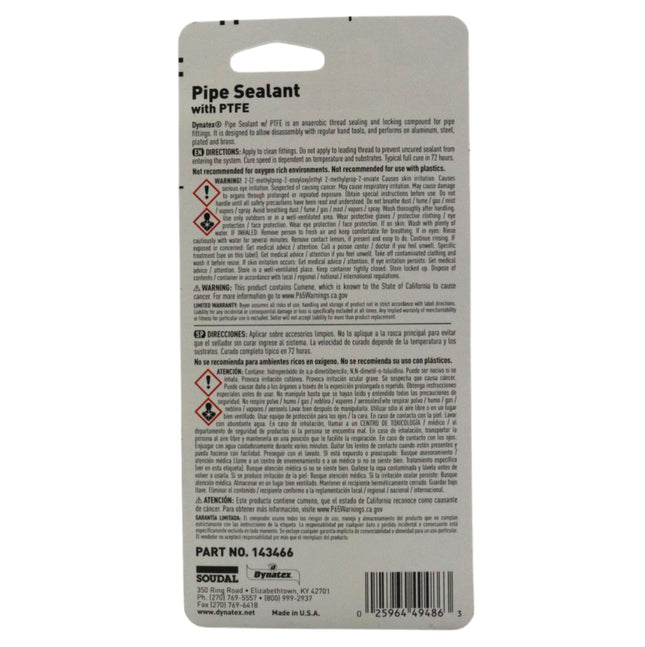 Dynatex Pipe Sealant w/PTFE 1.69 oz Bottle - Anaerobic, Disassembly with Hand Tools, Aluminum Steel Brass, Temperature & Solvent Resistant (6-Pack)