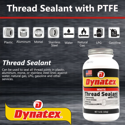 Dynatex Thread Sealant with PTFE 16 oz Bottle - Non-Toxic, Non-Drying, Leak-Proof Seal, No Lead/Graphite, Ideal for Pipe Fittings (Single)