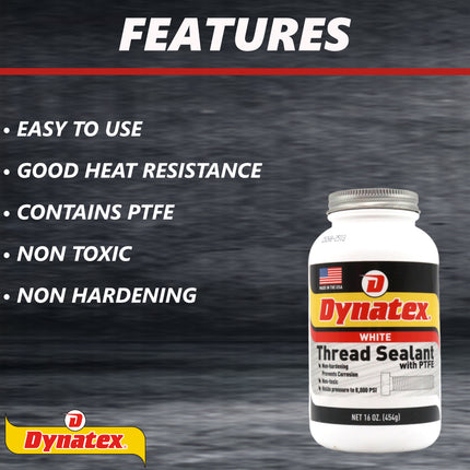 Dynatex Thread Sealant with PTFE 16 oz Bottle - Non-Toxic, Non-Drying, Leak-Proof Seal, No Lead/Graphite, Ideal for Pipe Fittings (Single)