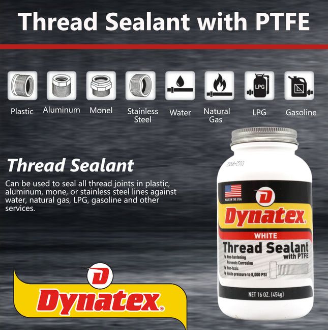 Dynatex Thread Sealant with PTFE 16 oz Bottle - Non-Toxic, Non-Drying, Leak-Proof Seal, No Lead/Graphite, Ideal for Pipe Fittings (4-Pack)