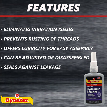 Dynatex Hydraulic/Pneumatic Sealant 1.69 oz Bottle - Locks Fittings up to 2 in, High Pressure & Vibration Resistant, No Contaminants, High Lubricity (Single)