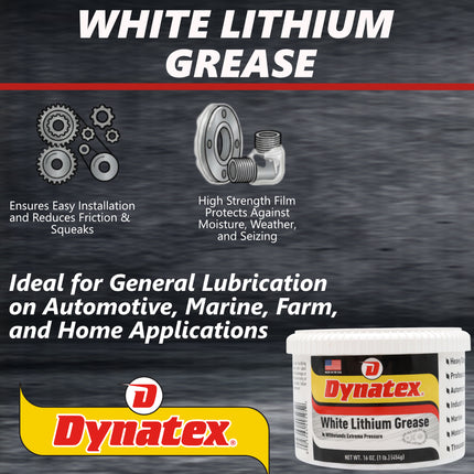 Dynatex White Lithium Grease 16 oz Tub - Multi-Purpose Lubricant for Automotive, Garage Doors, Hinges, Chains, Latches (Single)
