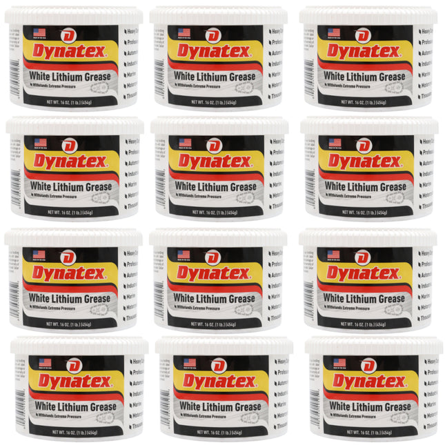 Dynatex White Lithium Grease 16 oz Tub - Multi-Purpose Lubricant for Automotive, Garage Doors, Hinges, Chains, Latches (12-Pack)
