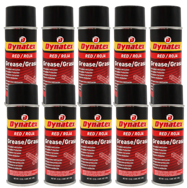 Dynatex Red Grease 12 oz Aerosol Can - Multi-Purpose, Extreme Pressure, 0 Degrees F to 400 Degrees F, Water Resistant, For Bearings Hinges Hitches Fifth Wheels (10-Pack)