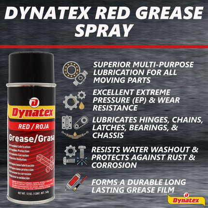 Dynatex Red Grease 12 oz Aerosol Can - Multi-Purpose, Extreme Pressure, 0 Degrees F to 400 Degrees F, Water Resistant, For Bearings Hinges Hitches Fifth Wheels (2-Pack)