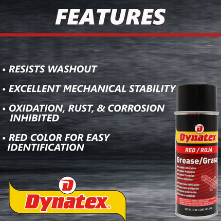 Dynatex Red Grease 12 oz Aerosol Can - Multi-Purpose, Extreme Pressure, 0 Degrees F to 400 Degrees F, Water Resistant, For Bearings Hinges Hitches Fifth Wheels (8-Pack)