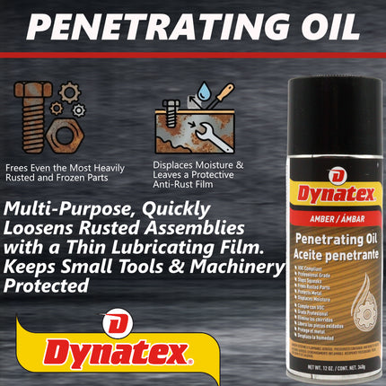 Dynatex Penetrating Oil 12 oz Aerosol Can - Multi-Purpose, Loosens Rusted Parts, Protects Tools from Rust, Lubricates Metal Plastic Rubber (5-Pack)