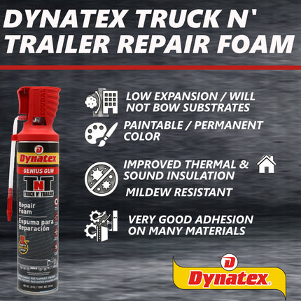 Dynatex Truck N Trailer Repair Foam 20 oz Can w/ Genius Gun - Low Pressure Expansion, Sound & Thermal Insulation, Reusable Up to 6 Weeks (4-Pack)
