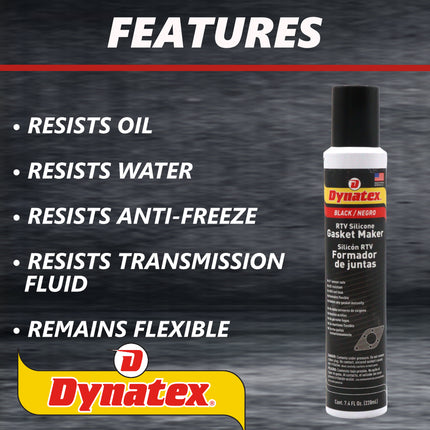 Dynatex Black RTV Silicone Gasket Maker 7.4oz Automatic Can - Oxygen Sensor Safe, OEM Specs, 500°F Hi-Temp, Oil/Water Resistant, Made in the USA (12-Pack)