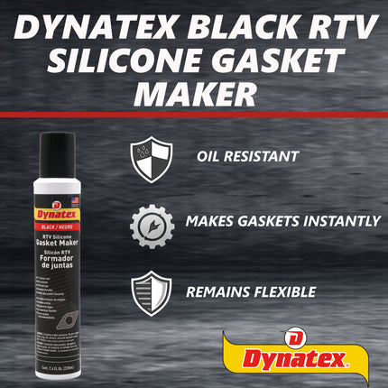 Dynatex Black RTV Silicone Gasket Maker 7.4oz Automatic Can - Oxygen Sensor Safe, OEM Specs, 500°F Hi-Temp, Oil/Water Resistant, Made in the USA (12-Pack)
