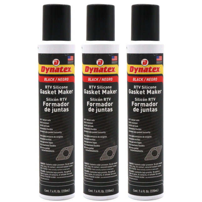 Dynatex Black RTV Silicone Gasket Maker 7.4oz Automatic Can - Oxygen Sensor Safe, OEM Specs, 500°F Hi-Temp, Oil/Water Resistant, Made in the USA (3-Pack)
