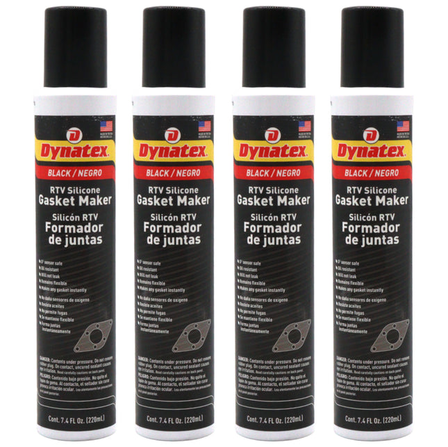 Dynatex Black RTV Silicone Gasket Maker 7.4oz Automatic Can - Oxygen Sensor Safe, OEM Specs, 500°F Hi-Temp, Oil/Water Resistant, Made in the USA (4-Pack)