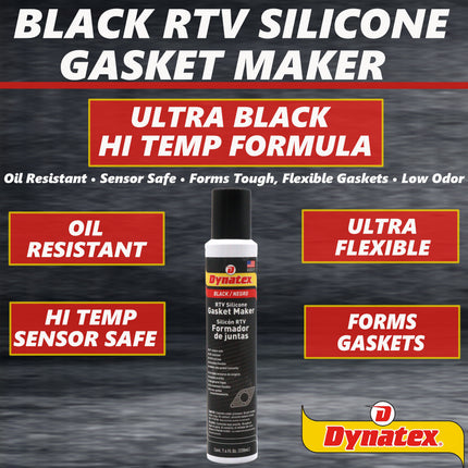 Dynatex Black RTV Silicone Gasket Maker 7.4oz Automatic Can - Oxygen Sensor Safe, OEM Specs, 500°F Hi-Temp, Oil/Water Resistant, Made in the USA (8-Pack)