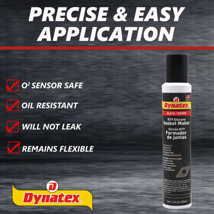 Dynatex Black RTV Silicone Gasket Maker 7.4oz Automatic Can - Oxygen Sensor Safe, OEM Specs, 500°F Hi-Temp, Oil/Water Resistant, Made in the USA (8-Pack)