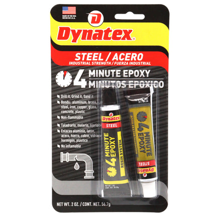 Dynatex 4 Minute Steel Epoxy Adhesive 2 oz - Fast Set, Steel-Like Cure, Bonds & Repairs Metal Wood Masonry, Drillable Sandable (Single)