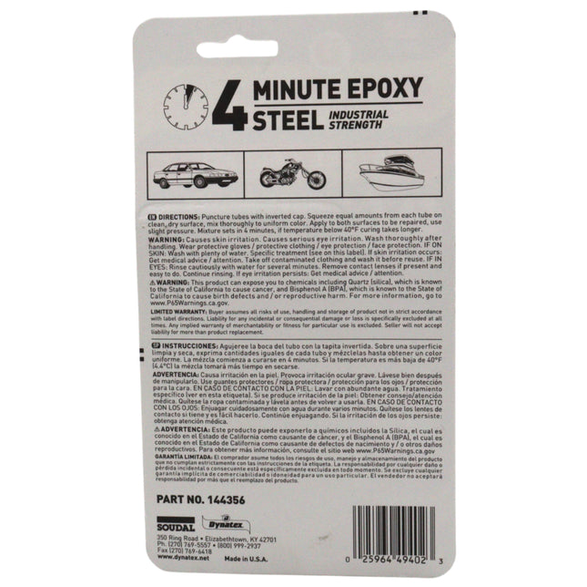 Dynatex 4 Minute Steel Epoxy Adhesive 2 oz - Fast Set, Steel-Like Cure, Bonds & Repairs Metal Wood Masonry, Drillable Sandable (Single)