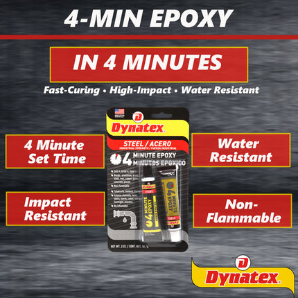 Dynatex 4 Minute Steel Epoxy Adhesive 2 oz - Fast Set, Steel-Like Cure, Bonds & Repairs Metal Wood Masonry, Drillable Sandable (Single)
