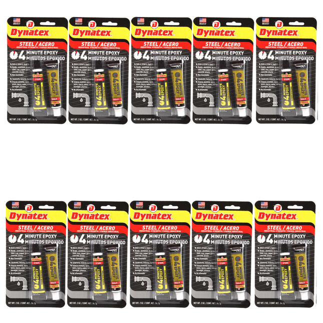 Dynatex 4 Minute Steel Epoxy Adhesive 2 oz - Fast Set, Steel-Like Cure, Bonds & Repairs Metal Wood Masonry, Drillable Sandable (10-Pack)
