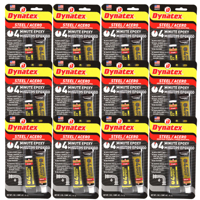 Dynatex 4 Minute Steel Epoxy Adhesive 2 oz - Fast Set, Steel-Like Cure, Bonds & Repairs Metal Wood Masonry, Drillable Sandable (12-Pack)