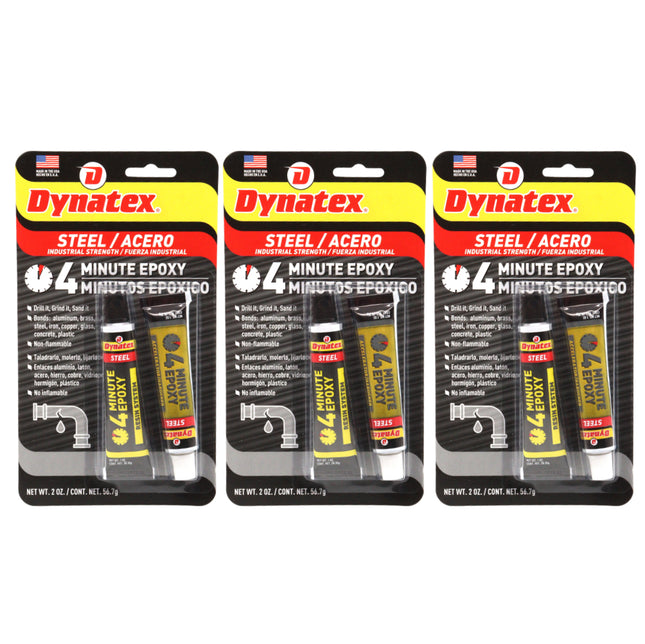 Dynatex 4 Minute Steel Epoxy Adhesive 2 oz - Fast Set, Steel-Like Cure, Bonds & Repairs Metal Wood Masonry, Drillable Sandable (3-Pack)