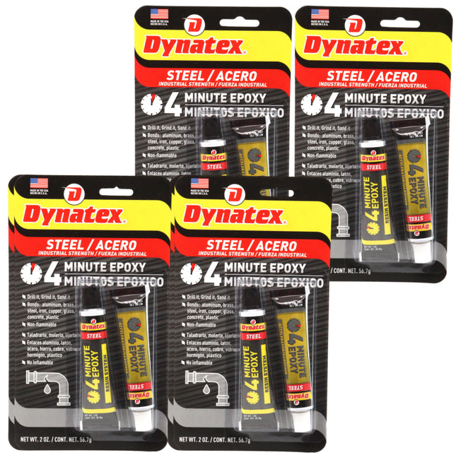 Dynatex 4 Minute Steel Epoxy Adhesive 2 oz - Fast Set, Steel-Like Cure, Bonds & Repairs Metal Wood Masonry, Drillable Sandable (4-Pack)
