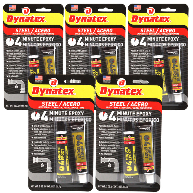 Dynatex 4 Minute Steel Epoxy Adhesive 2 oz - Fast Set, Steel-Like Cure, Bonds & Repairs Metal Wood Masonry, Drillable Sandable (5-Pack)
