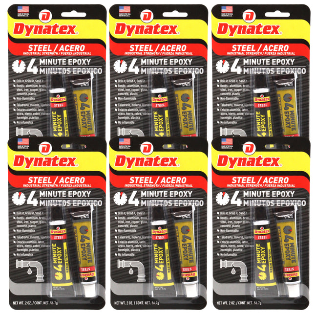 Dynatex 4 Minute Steel Epoxy Adhesive 2 oz - Fast Set, Steel-Like Cure, Bonds & Repairs Metal Wood Masonry, Drillable Sandable (6-Pack)