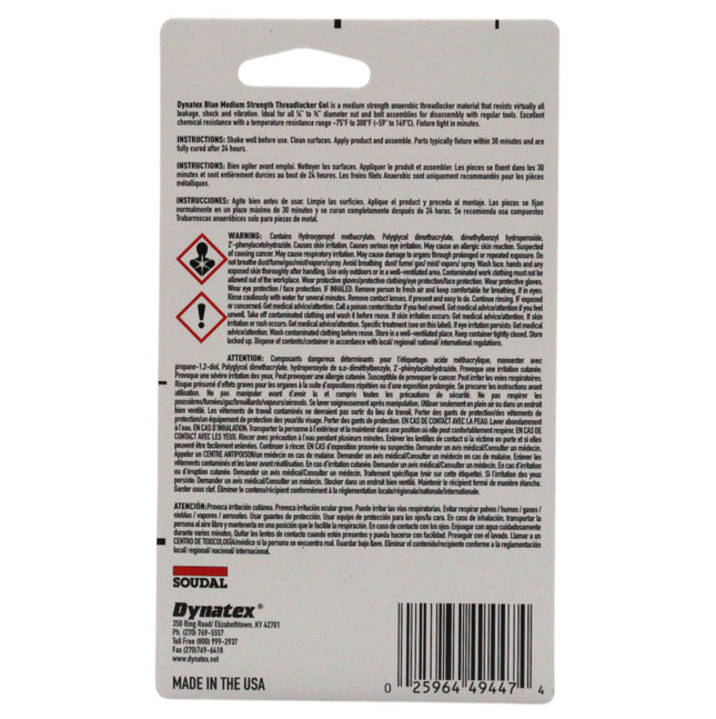 Dynatex Blue Medium Strength Gel Threadlocker 0.20 oz Bottle - Removable with Hand Tools, Locks Fasteners on Metal, Vibration Resistant, Solvent Resistant (10-Pack)